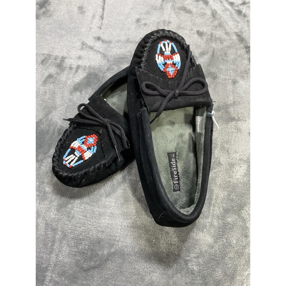 Fireside Dearfoams Shoes Womens 7 Boat Moccasin Slippers Black Beads Suede NEW